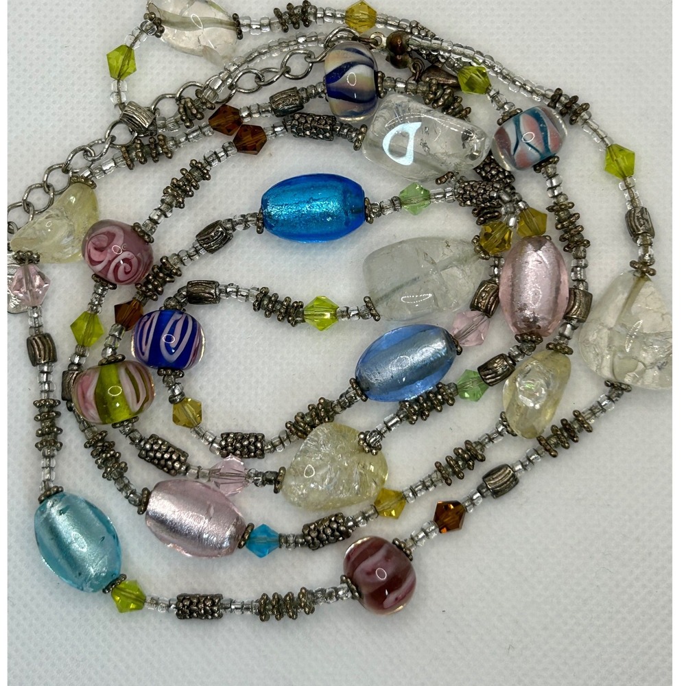Multi Color lampwork Glass Murano Style Art Beaded Necklace You and I Signed 40"